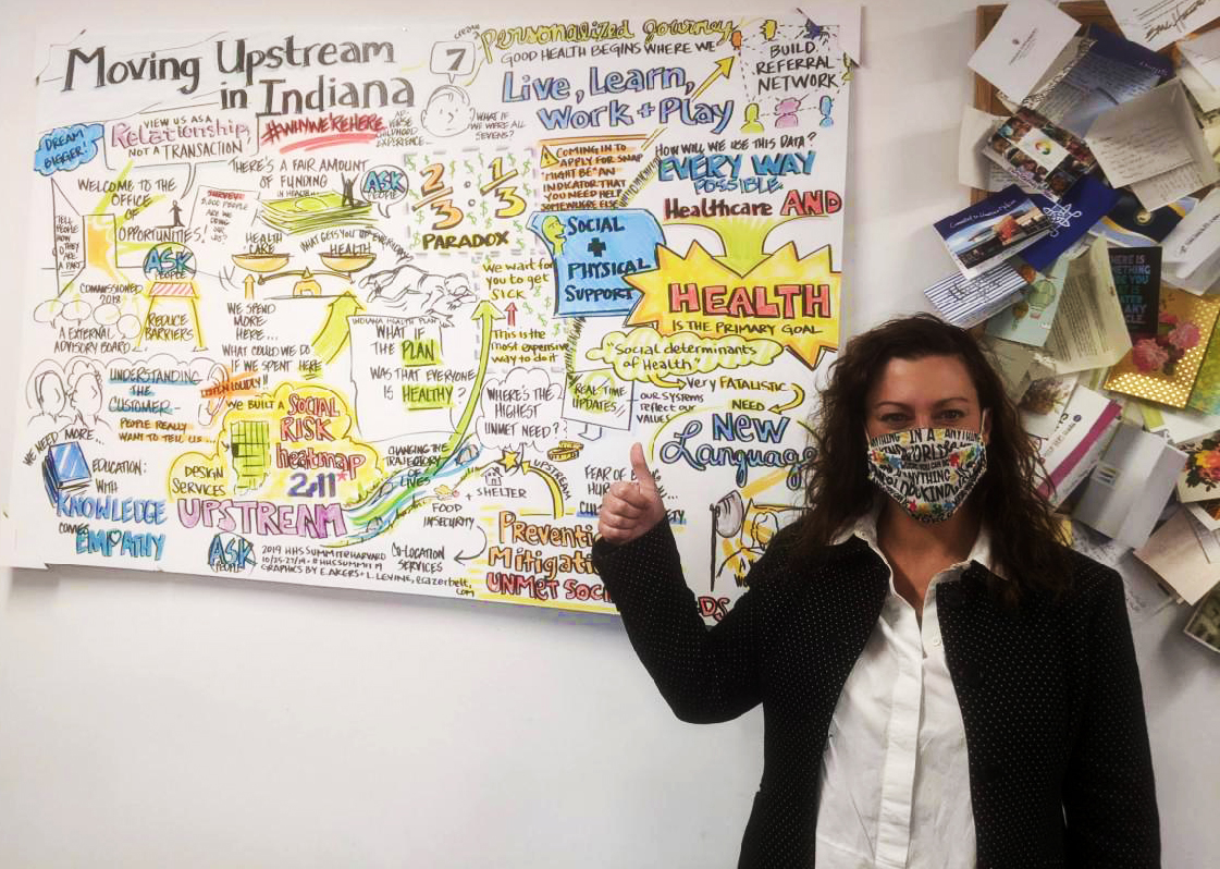 Jen in her office where the board is now displayed.