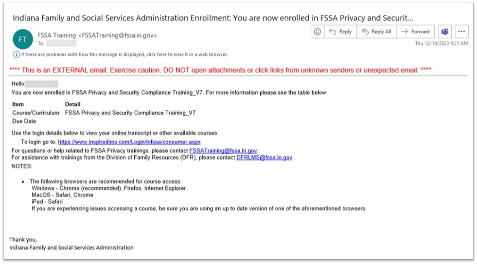 Email from FSSA training giving the name of the course required for training and the link to complete it. 