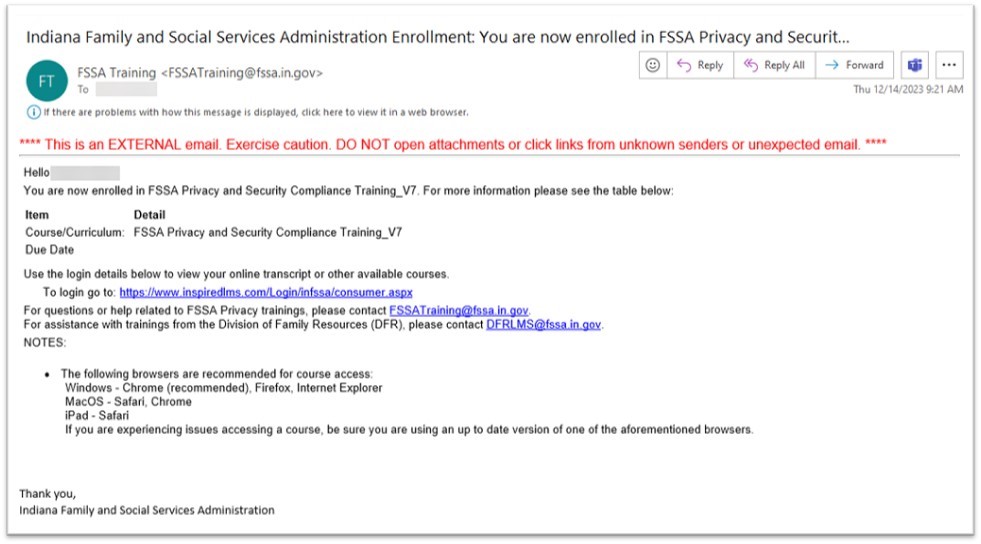 Privacy Security Training Email Email from FSSA training giving the name of the course required for training and the link to complete it.