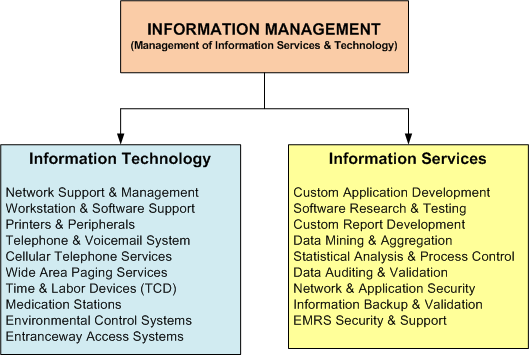 A picture graph showing areas that are maintained by the information management team.