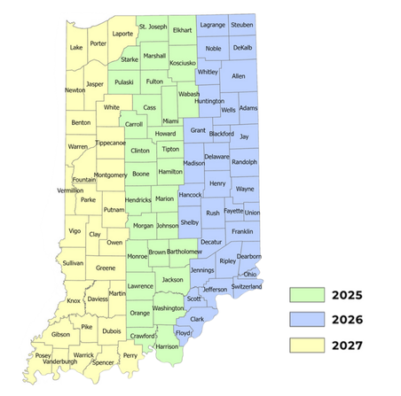 A Map of 92 counties that marks in which year new data will be collected.