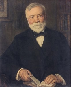 A picture of Andrew Carnegie resides over the fireplace in our reading area.