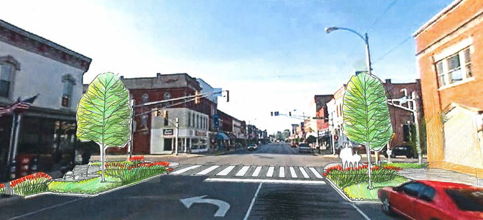 rendering of a main street with trees and bike lanes