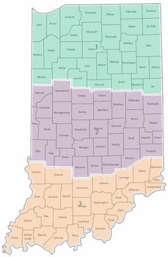 The Northern (1), Central (2), and Southern (3) entomology districts
