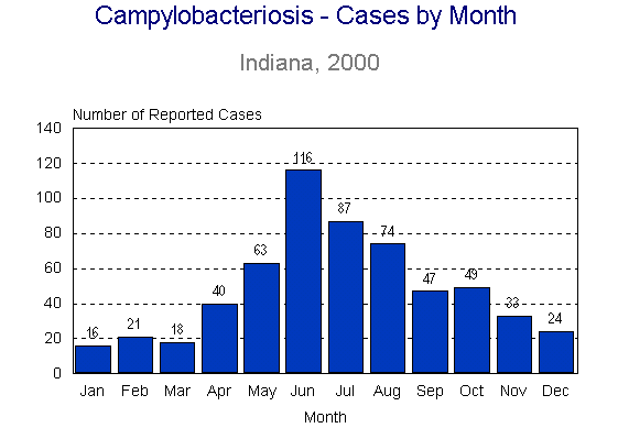 Figure Cam2: Campylobacteriosis Cases by Month, Indiana, 2000
