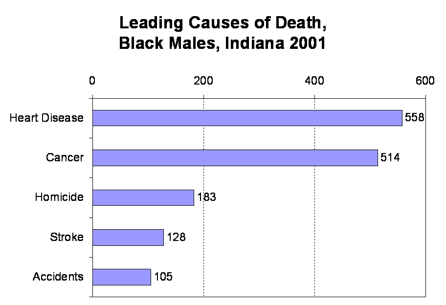 This figure shows the leading causes of death for black males, for Indiana for 2001 as a bar chart.