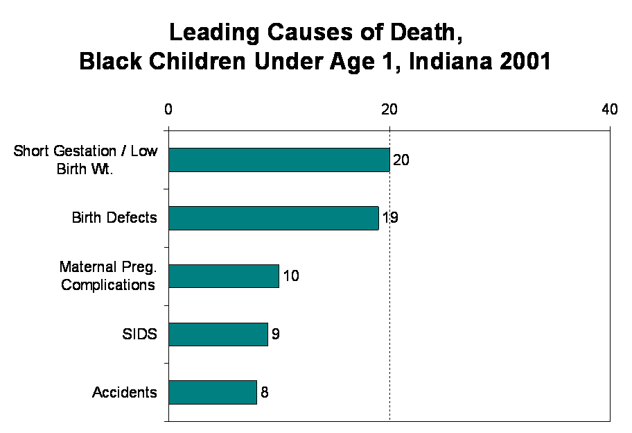 This figure shows the leading causes of death for black children under age 1, for Indiana for 2001 as a bar chart.