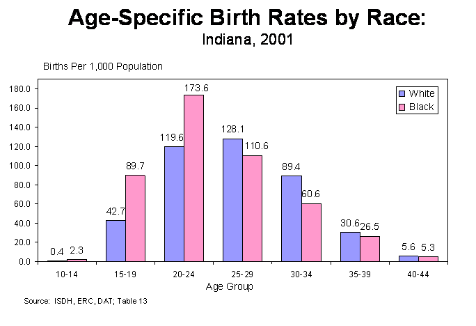 Figure 9 is a multiple column chart showing the age-specific birth rates by race of mother in 2001.  The two columns at each age group represent the white and black populations.  For questions, call (317) 233-7349.