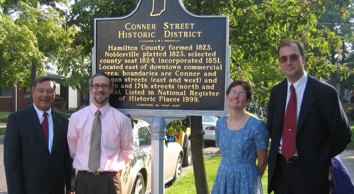 From left to right: John Ditslear, Mayor of Noblesville; Stephen Berrey, Indiana Historical Bureau; Carol Ann Schweikert, marker applicant; and John Elliott, President of the Noblesville Preservation Alliance.