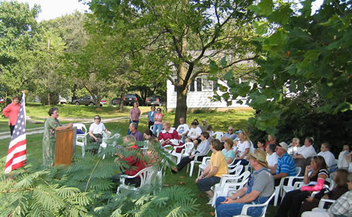 Jae Breitweiser, Historic Eleutherian College, Inc. greeted the audience at the site of the installation of an Indiana Freedom Trails state historical marker honoring John H. and Sarah Tibbets.