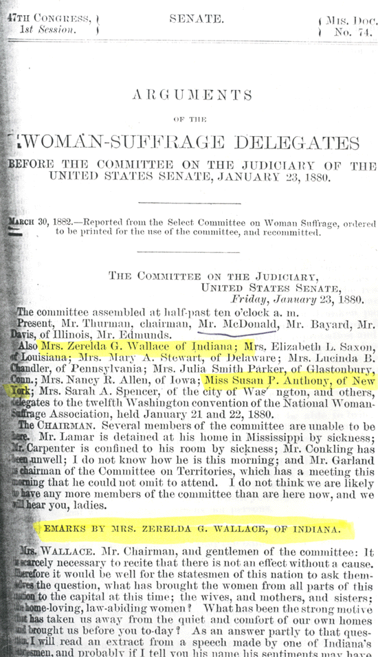 Senate Committee on the Judiciary,"Arguments of the Woman-Suffrage Delegates Before the Committee on the Judiciary of the United States Senate, January 23, 1880," 47th Cong., 1st sess., 1880, Senate Miscellaneous Document 74, pp.1-2.