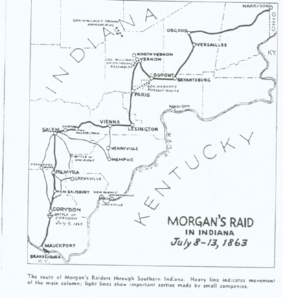 The route of Morgan's Raiders through Southern Indiana.