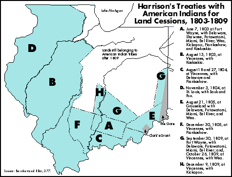 Map showing Harrison's treaties with American Indians for Land Cessions