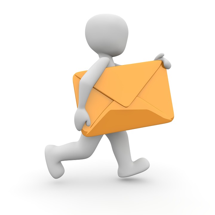 Stylized 3-d image of a featureless cartoon person carrying an envelope under their right arm, and walking to the right.