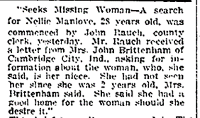 News item regarding the search for Nellie Manlove, The Indianapolis Star, 5 September 1913, page 11, c. 3.