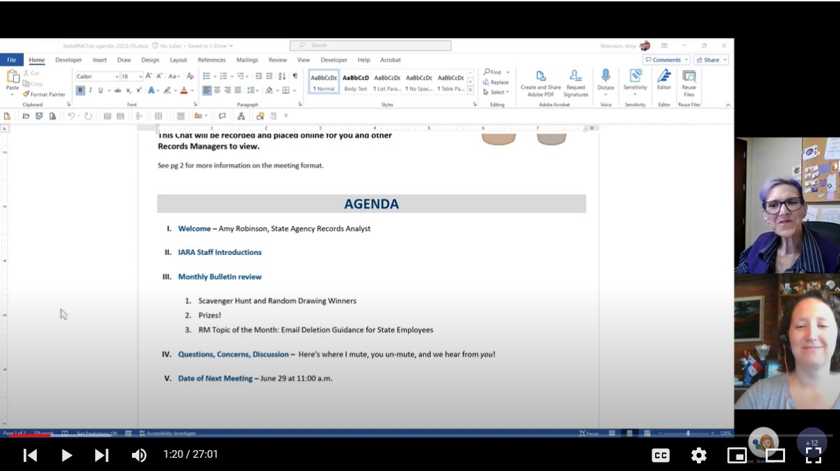 Screenshot of a State Records Managers MS Teams meeting window, showing IARA's State and Local records liaisons on camera, as well as the agenda for the meeting.