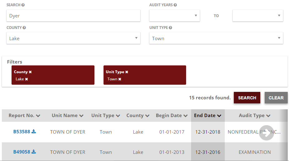 Image of State Board of Accounts Audit Reports Database, with search fields filled out for LAKE county, Unit Type TOWN and search term Dyer, and results list containing audit report dates and links for the town of Dyer, Indiana.