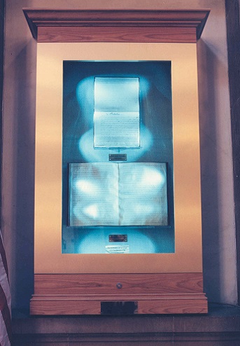 Display Case of Indiana Constitutions at Statehouse Rotunda