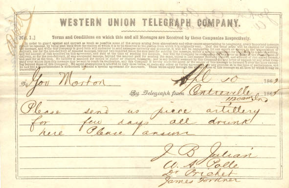 Telegram sample - J.B. Julian to Gov. Oliver P. Morton