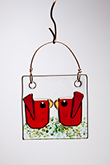 Red Cardinal Kissing Birds in Fused Glass