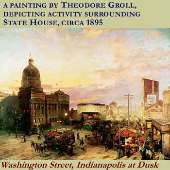 Painting by Therdore Groll depicting activity surrounding the State House, circa 1895