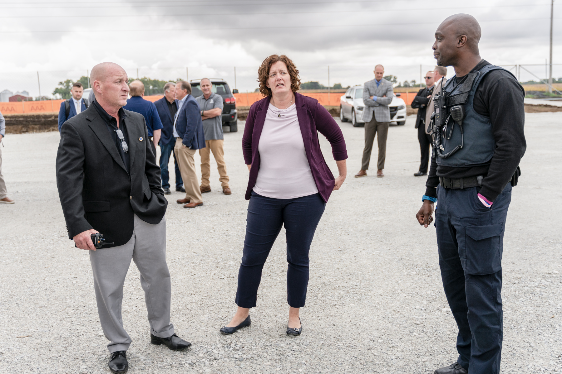 Westville Correctional Facility Warden John Galipeau speaks with IDOC Commissioner Christina Reagle on Thursday, Sep. 28, 2023 before the groundbreaking for the new $1.2 Billion correctional facility under construction in Westville, Indiana. SCOTT ROBERSON | Indiana Department of Correction