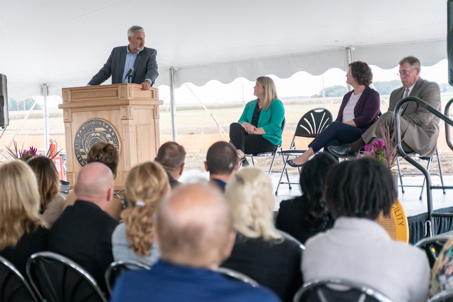 Indiana Governor Eric Holcomb speaks on Thursday, Sep. 28, 2023 during a groundbreaking for the new $1.2 Billion correctional facility under construction in Westville, Indiana. SCOTT ROBERSON | Indiana Department of Correction