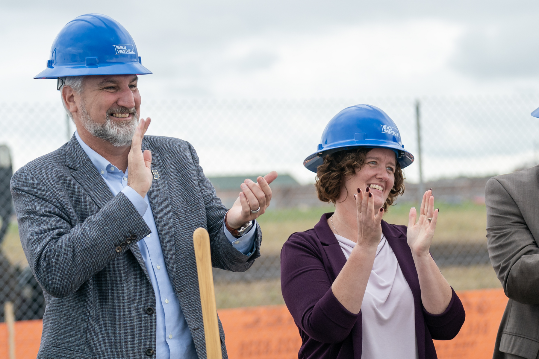Indiana Govenor Eric Holcomb and Indiana Department of Correction Commissioner Christina Reagle share a laugh during a groundbreaking on Thursday, Sep. 28, 2023 for the new $1.2 Billion correctional facility under construction in Westville, Indiana.
