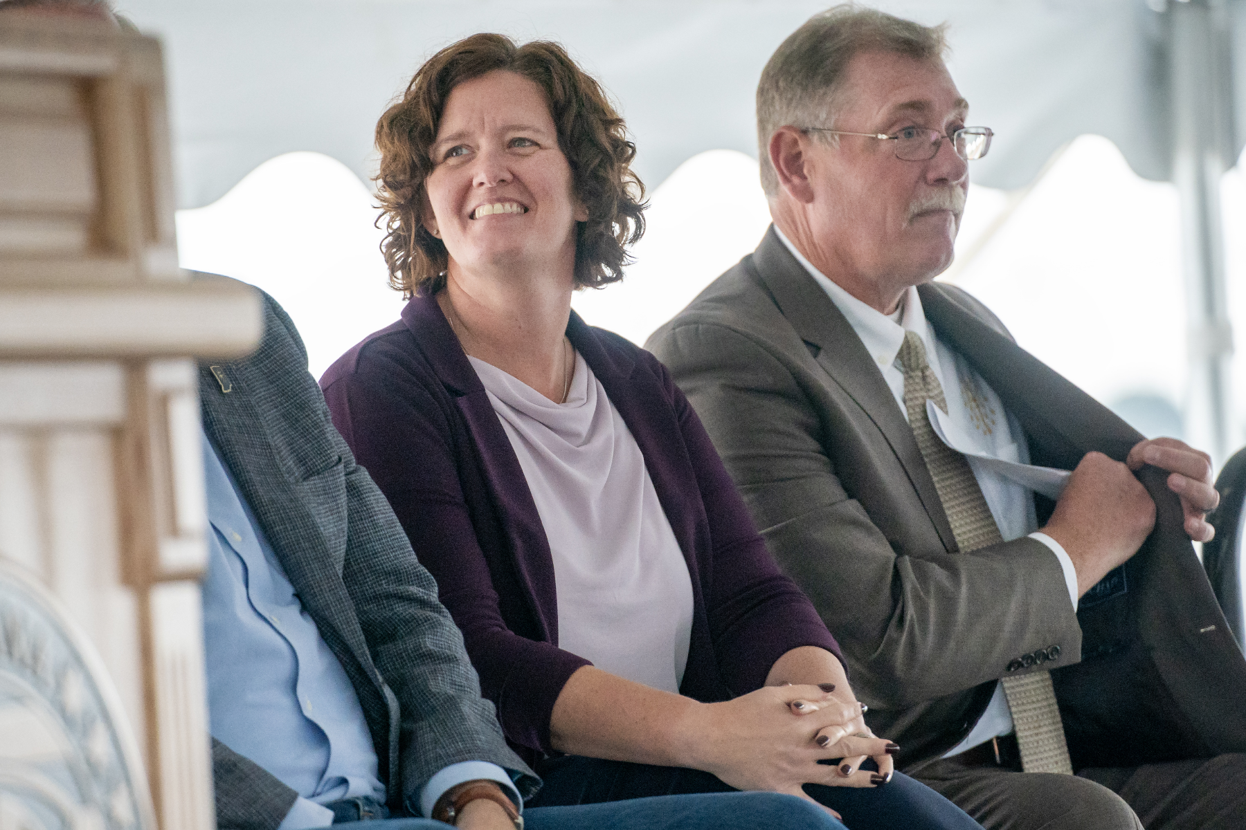 IDOC Commissioner Christina Reagle and Executive Director of Construction Services Kevin Orme listen to a speaker on Thursday, Sep. 28, 2023 during the groundbreaking for the new $1.2 Billion correctional facility under construction in Westville, Indiana. SCOTT ROBERSON | Indiana Department of Correction