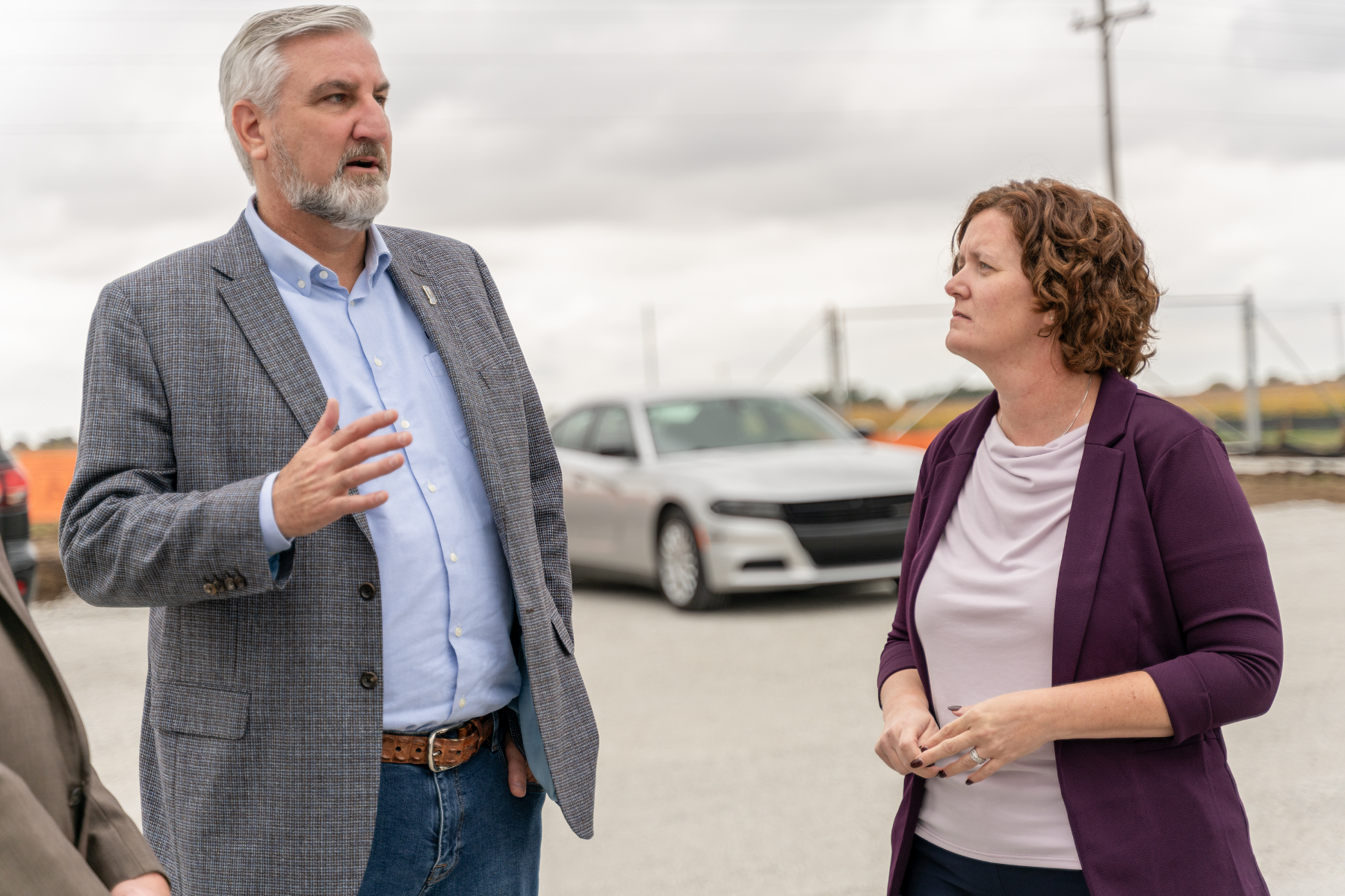 Governor Eric Holcomb speaks with IDOC Commissioner Christina Reagle on Thursday, Sep. 28, 2023 before a groundbreaking for the new $1.2 Billion correctional facility under construction in Westville, Indiana. SCOTT ROBERSON | Indiana Department of Correction