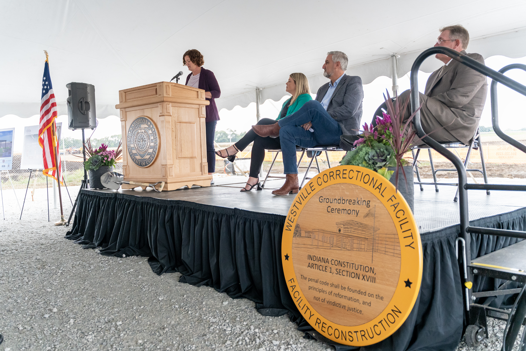 IDOC Commissioner Christina Reagle speaks on Thursday, Sep. 28, 2023 during a groundbreaking for the new $1.2 Billion correctional facility under construction in Westville, Indiana. SCOTT ROBERSON | Indiana Department of Correction