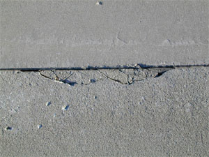 Close-up photo of a medium-severity joint spall. The spall is broken into eight to ten pieces.