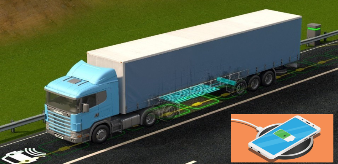 A semi traveling on an electrically powered road with a graphic of a smartphone using electromagnetic induction 