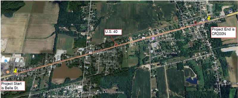 U.S 40 Pavement Replacement Map. Image shows from left to right, it starts at Belle St and ends on CR200N