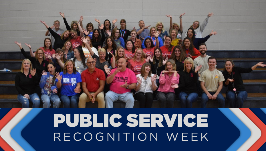 Indian Creek Intermediate Staff posing for a fun staff photo 