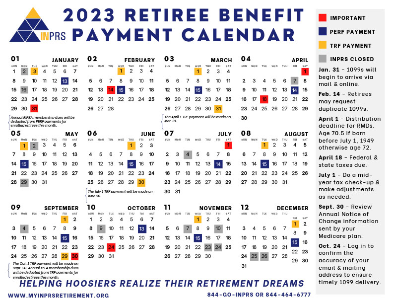color-coded calendar of retirement benefit payment dates
