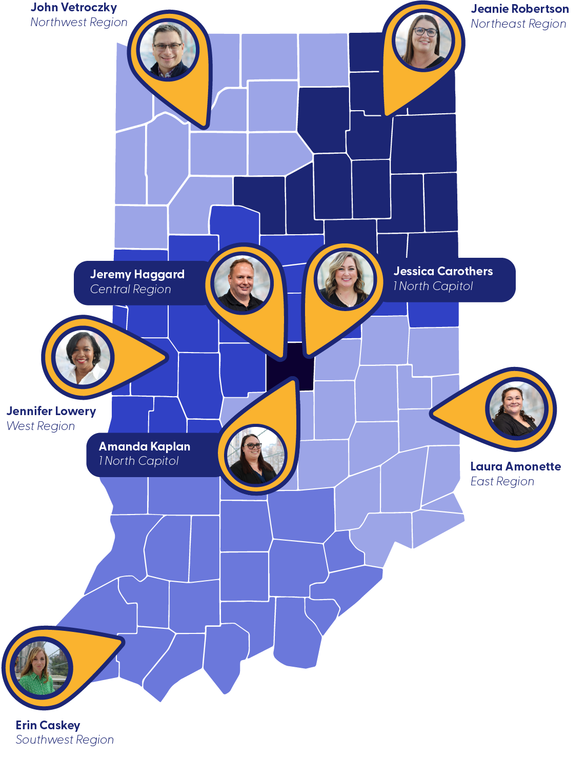 Map of Indiana with counselors by region