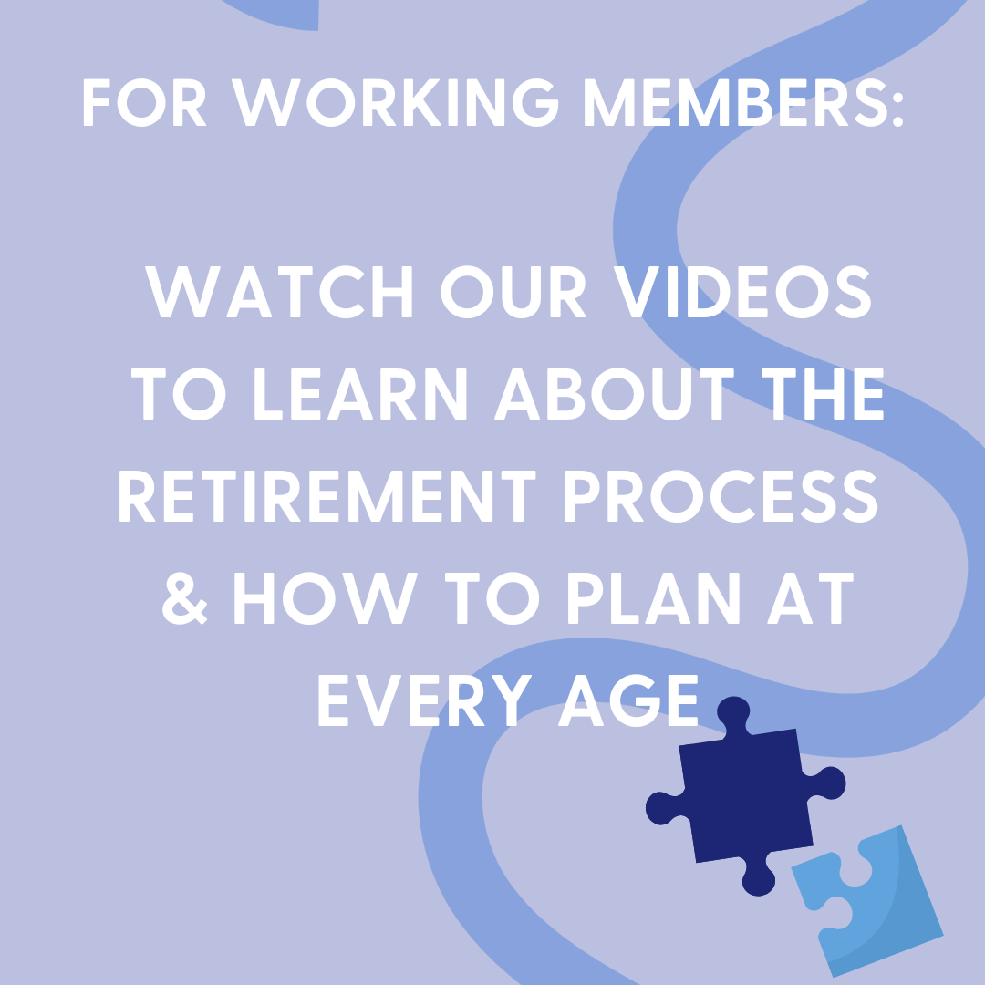 square image with light purple background reading watch our videos to learn about the retirement process and how to plan at every age