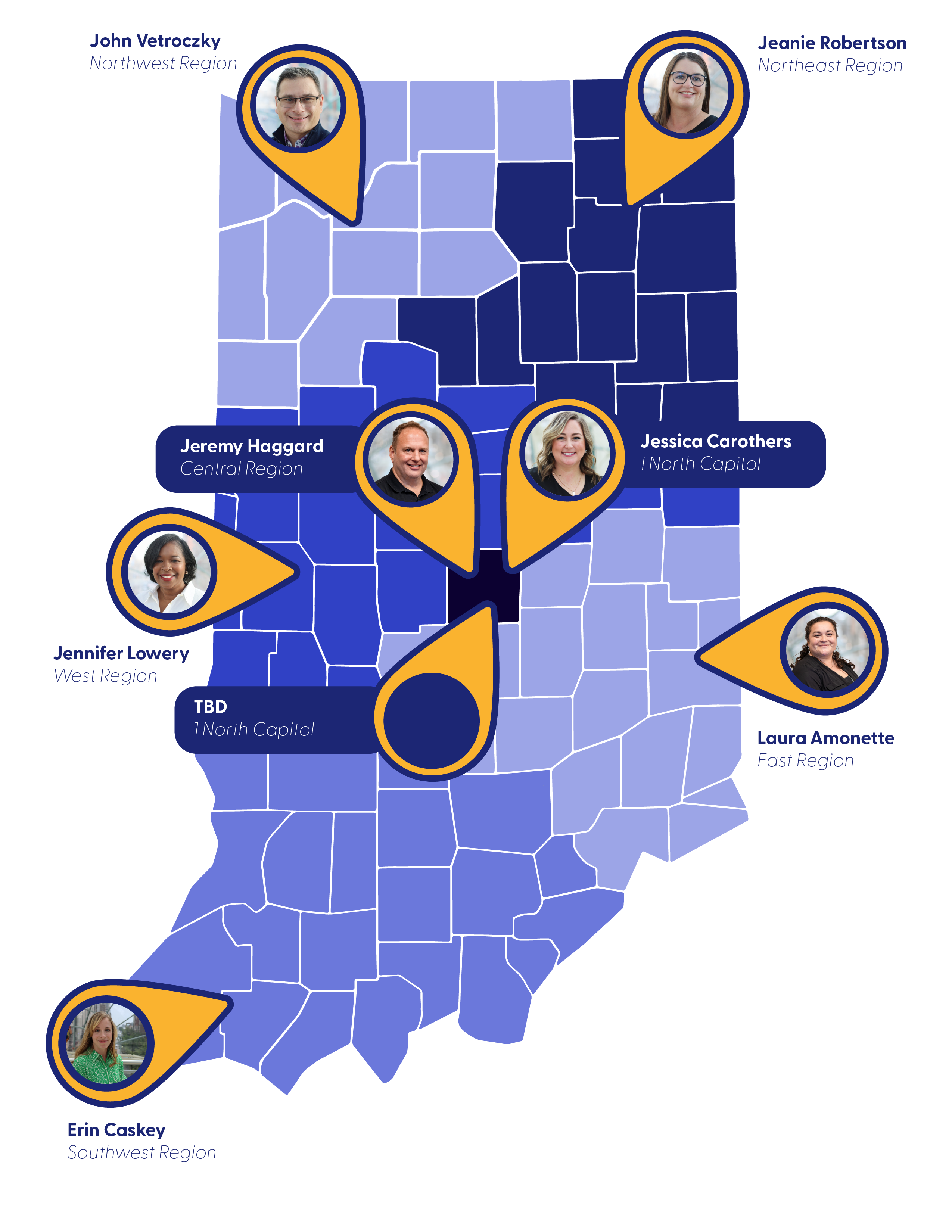 Map of Indiana with counselors by region