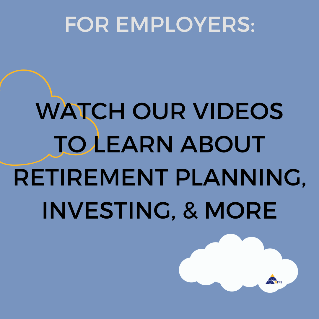 blue image with clouds and text reading watch our videos to learn about retirement planning