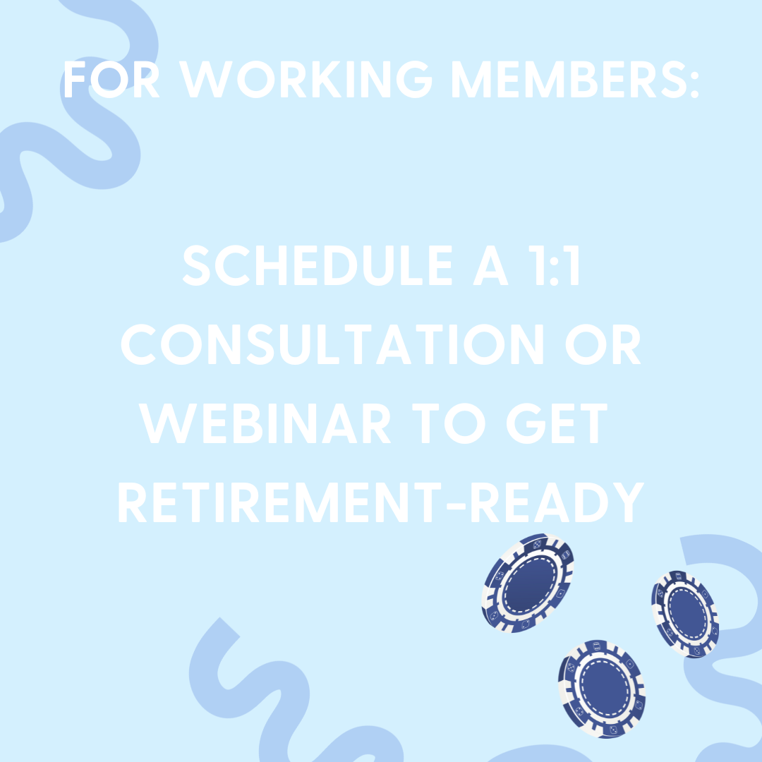 square image with blue background reading schedule a one on one consultation or webinar to get retirement ready
