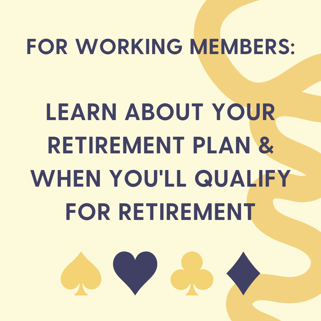 square image with yellow background reading learn about your retirement plan and when you'll qualify for retirement