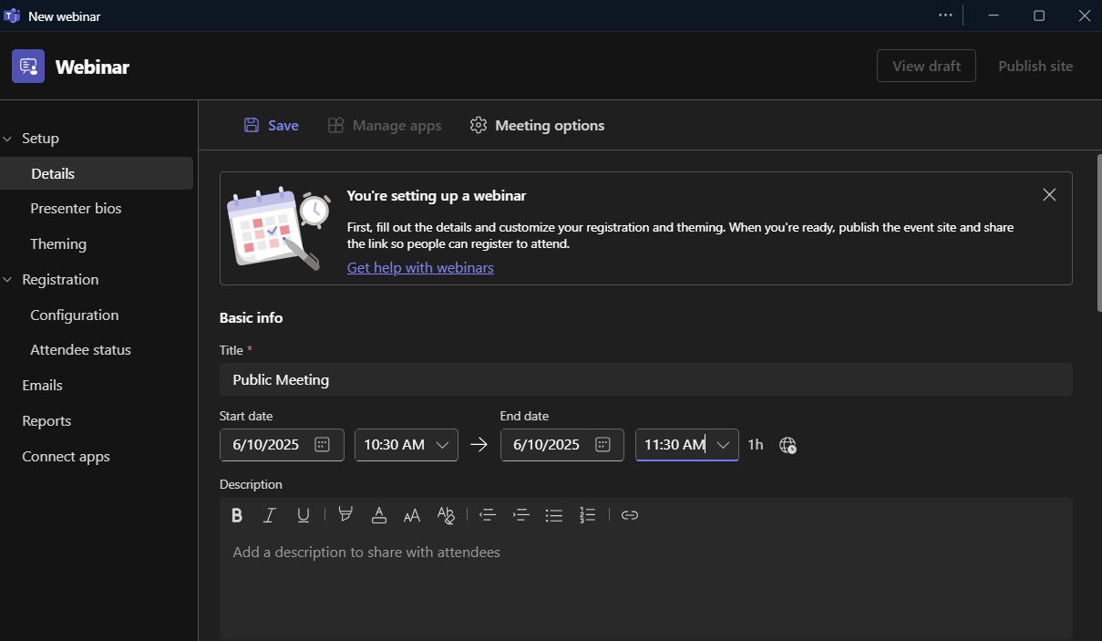 Microsoft Teams Webinar setup screen.          Creating the Title of the Webinar and selecting the date/time of the event.
