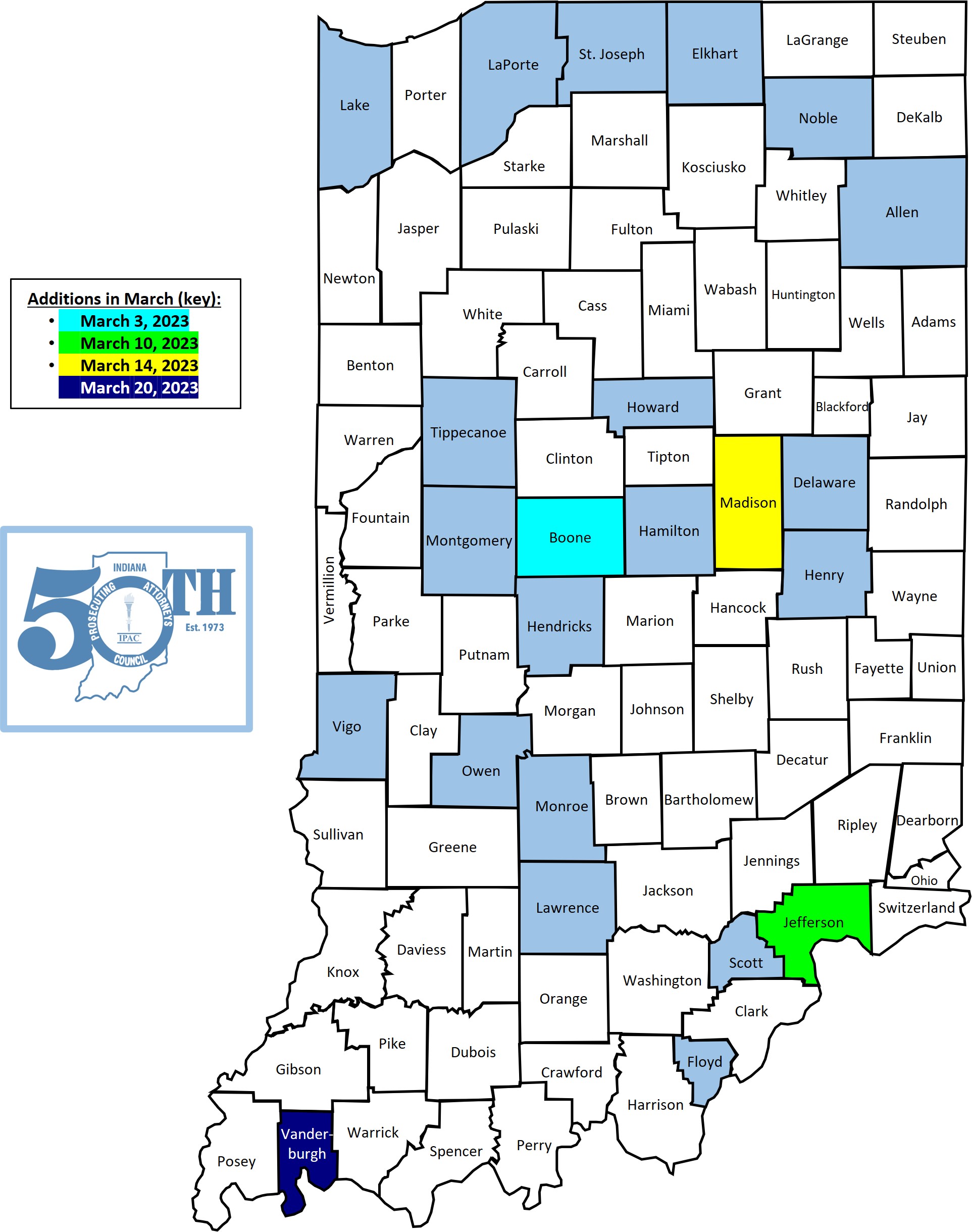 Map of Indiana showing counties with employment opportunities highlighted