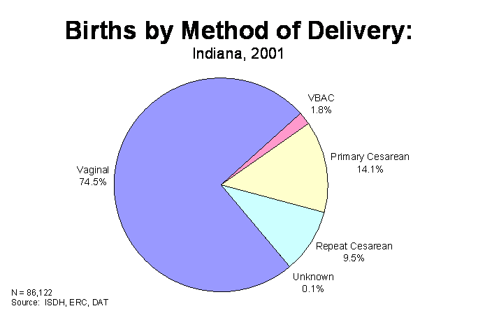 Figure 6 is a pie chart indicating the percentage of births by the various methods of delivery in 2001.  For questions, call (317) 233-7349.