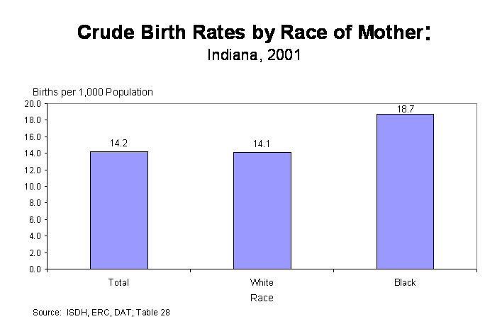 Figure 7 is a column chart showing the crude birth rates by race of mother in 2001.  The three columns represent the total, white and black populations.  For questions, call (317) 233-7349.