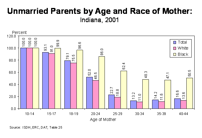 Figure 19 is a multiple column chart showing the percentage of infants born to unmarried mothers by age and race of mother.  The three columns in each age group represent total, white and black infants in 2001  For questions, call (317) 233-7349.