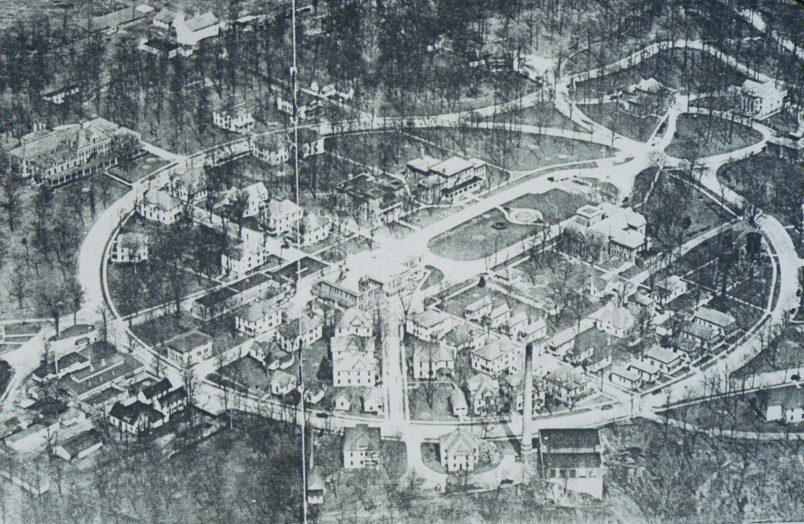 Historical black and white overhead picture of the IVH campus.