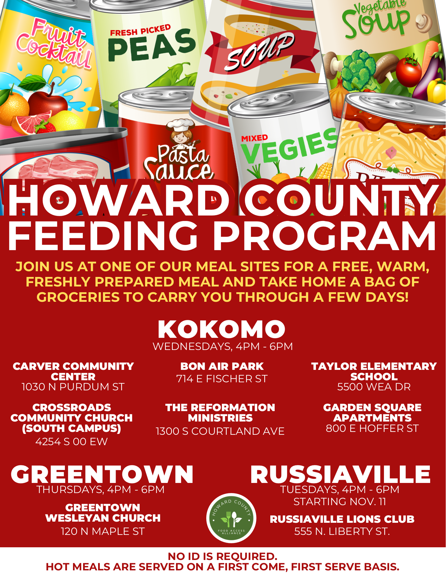 Howard County Feeding Program - Join us at one of our sites for a free, warm, freshly prepared meal, and take home a bag of groceries to carry you through a few days!