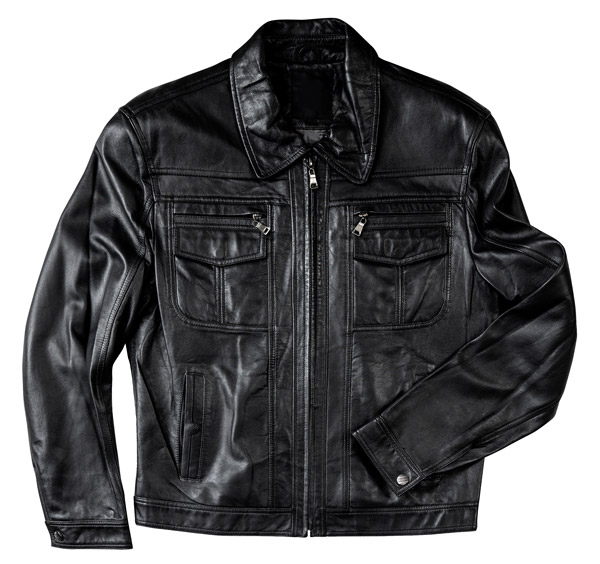 Black leather motorcycle jacket isolated on white
